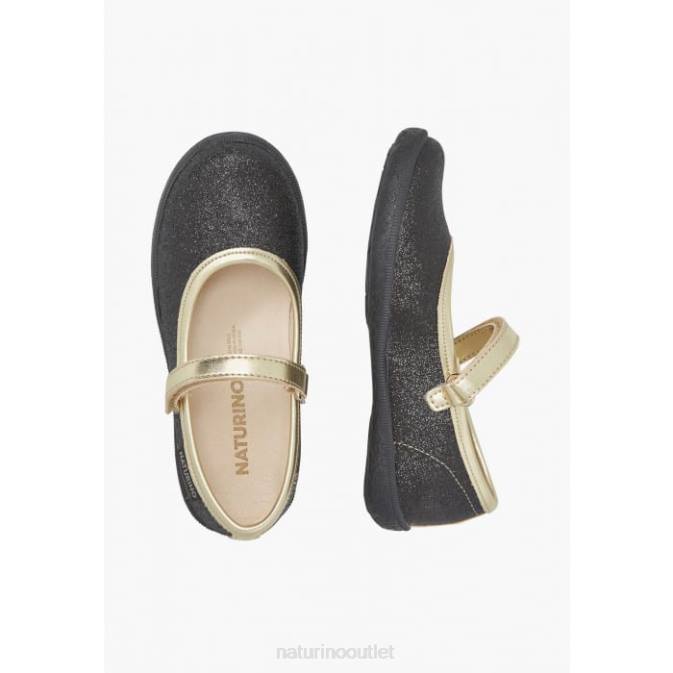 Kids Naturino Black-Platinum PAVIA Glitter Ballet Flats with Strap J6T6535