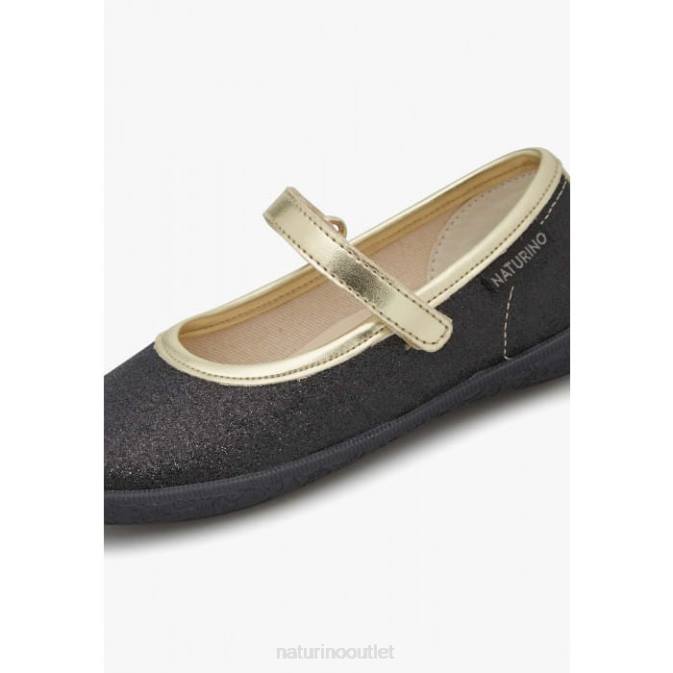 Kids Naturino Black-Platinum PAVIA Glitter Ballet Flats with Strap J6T6535