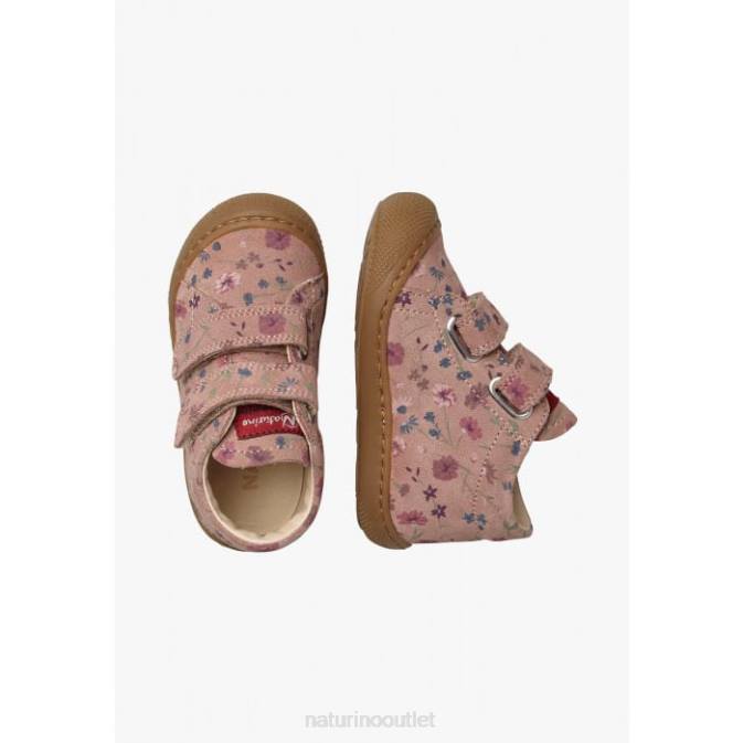 Kids Naturino Antique Pink COCOON VL First Steps Shoes In Suede with Flowers Print J6T652