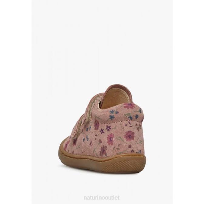Kids Naturino Antique Pink COCOON VL First Steps Shoes In Suede with Flowers Print J6T652