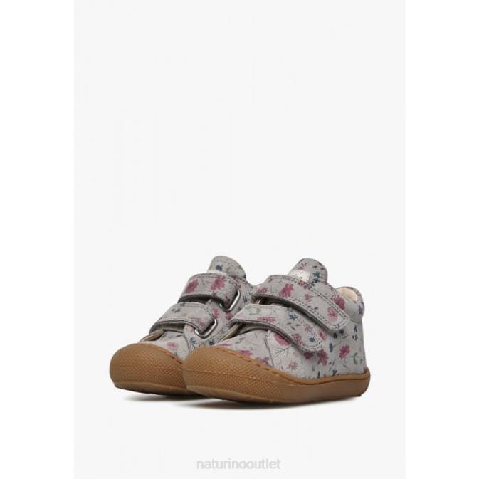 Kids Naturino Grey COCOON VL Flower Print Suede First Steps Shoes J6T6189