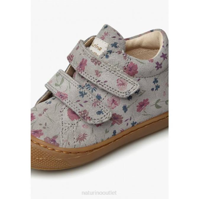 Kids Naturino Grey COCOON VL Flower Print Suede First Steps Shoes J6T6189