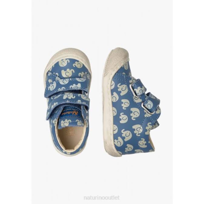 Kids Naturino Light Blue COCOON VL Leather First Step Shoes with Elephant Print J6T6145