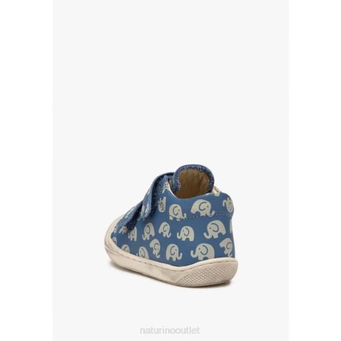 Kids Naturino Light Blue COCOON VL Leather First Step Shoes with Elephant Print J6T6145
