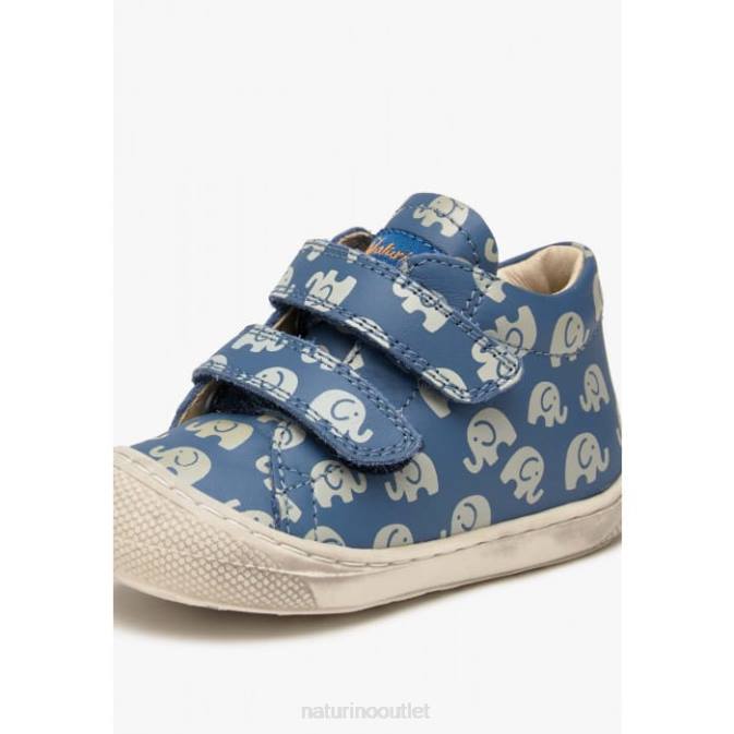 Kids Naturino Light Blue COCOON VL Leather First Step Shoes with Elephant Print J6T6145