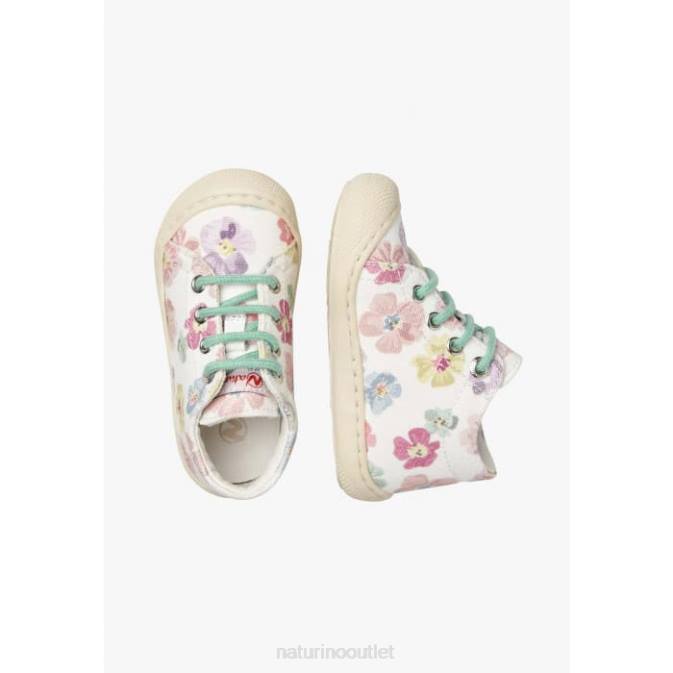 Kids Naturino White COCOON Canvas First Step Shoes with Floral Print J6T6157