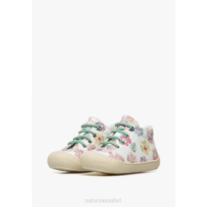 Kids Naturino White COCOON Canvas First Step Shoes with Floral Print J6T6157