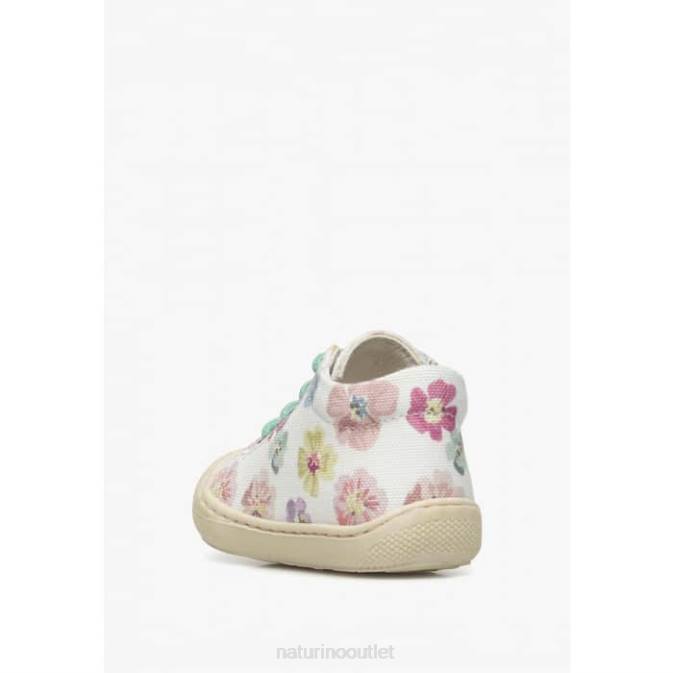 Kids Naturino White COCOON Canvas First Step Shoes with Floral Print J6T6157