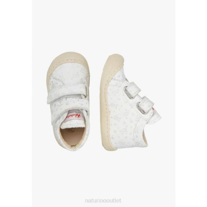 Kids Naturino White COCOON VL Fabric First Step Shoes with Rose Print J6T6164