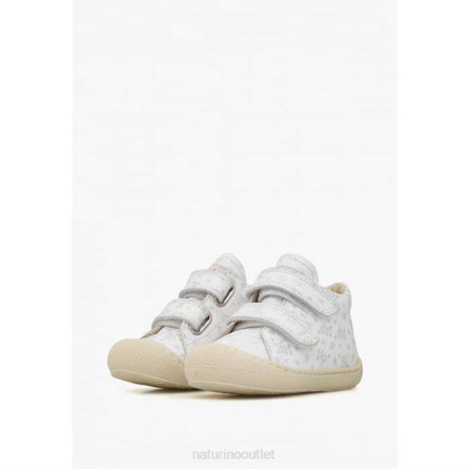 Kids Naturino White COCOON VL Fabric First Step Shoes with Rose Print J6T6164