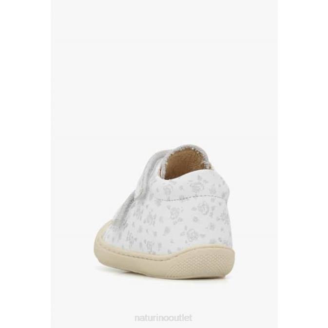 Kids Naturino White COCOON VL Fabric First Step Shoes with Rose Print J6T6164