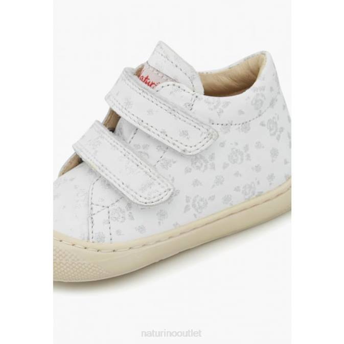 Kids Naturino White COCOON VL Fabric First Step Shoes with Rose Print J6T6164
