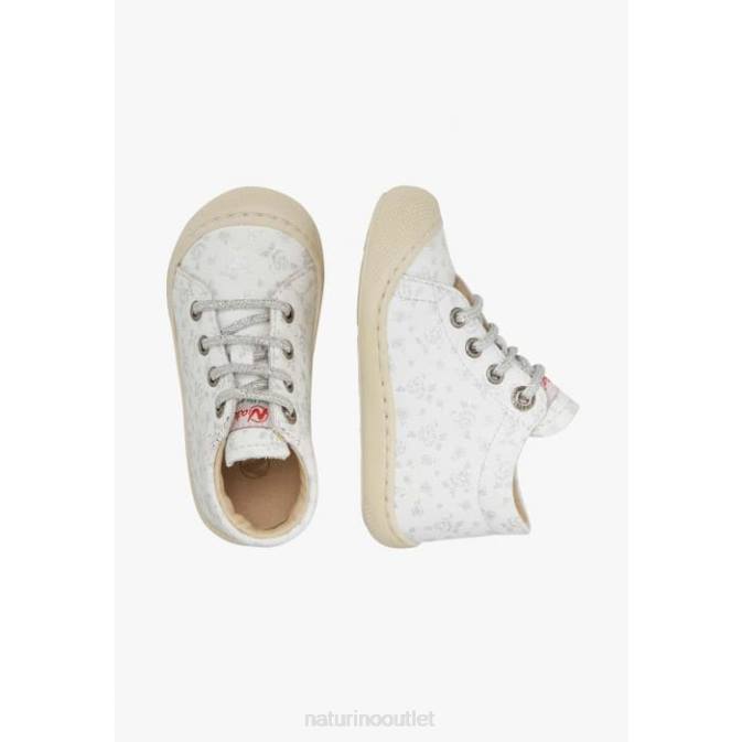 Kids Naturino White-Silver COCOON Leather First Step Shoes with Rose Print J6T683