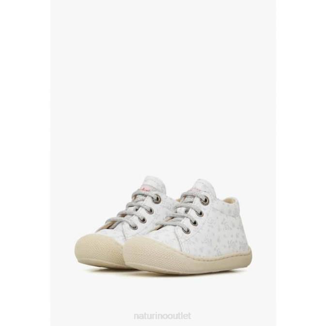 Kids Naturino White-Silver COCOON Leather First Step Shoes with Rose Print J6T683