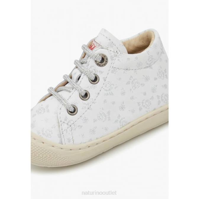 Kids Naturino White-Silver COCOON Leather First Step Shoes with Rose Print J6T683