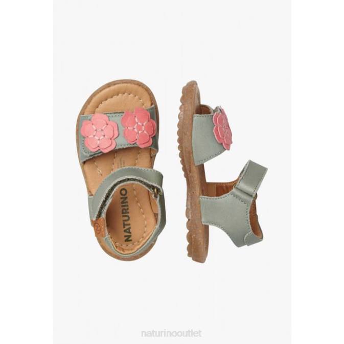 Kids Naturino Green-Pink BEGONIA Nappa Leather Sandals with Applied Flowers J6T6248