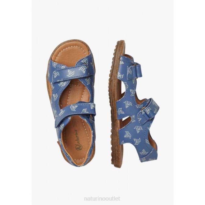 Kids Naturino Light Blue SKY Nappa Leather Sandals with Boat Print J6T6228