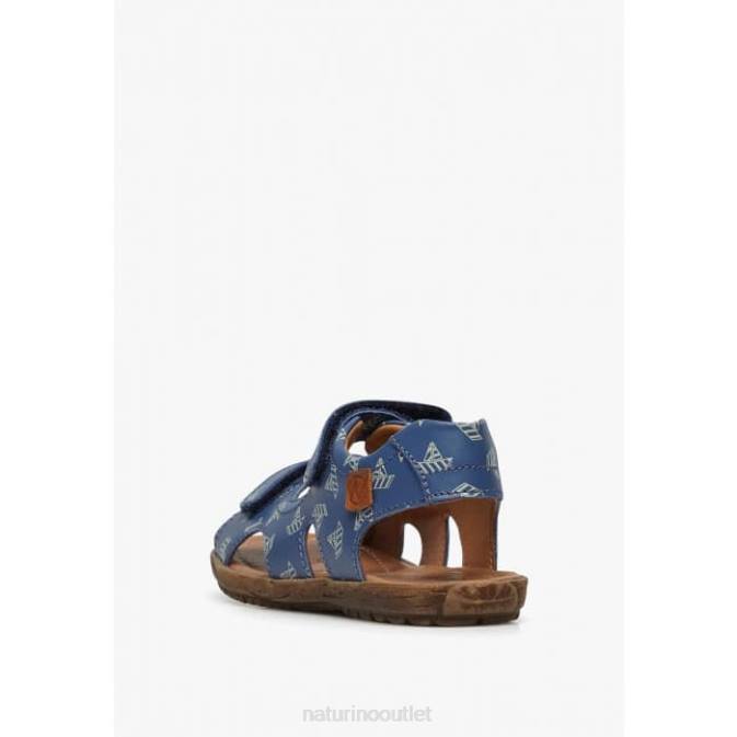 Kids Naturino Light Blue SKY Nappa Leather Sandals with Boat Print J6T6228