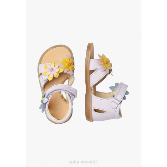 Kids Naturino Lilac GIAMIMA Leather Sandals with Applied Flowers J6T6235