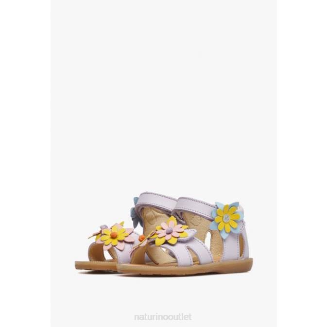 Kids Naturino Lilac GIAMIMA Leather Sandals with Applied Flowers J6T6235
