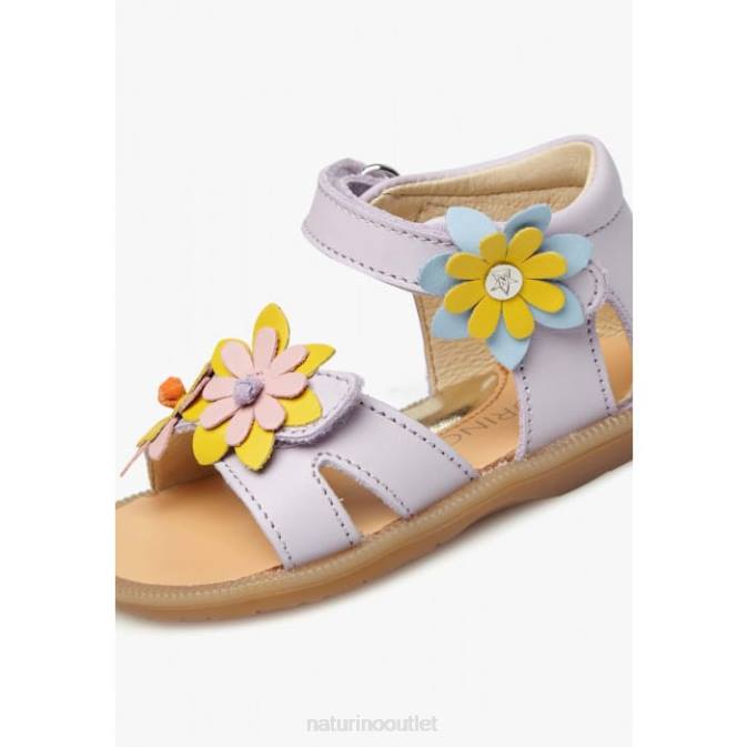 Kids Naturino Lilac GIAMIMA Leather Sandals with Applied Flowers J6T6235
