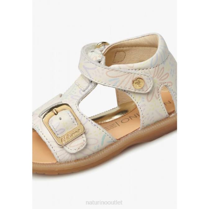 Kids Naturino Milk QUARZO Leather Sandals with Flower Print J6T6549