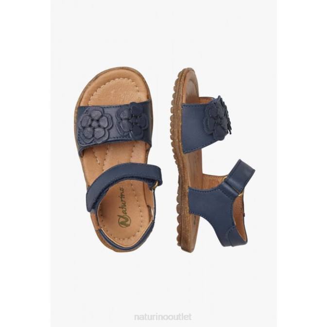 Kids Naturino Navy BEGONIA Nappa Leather Sandals with Applied Flowers J6T6334