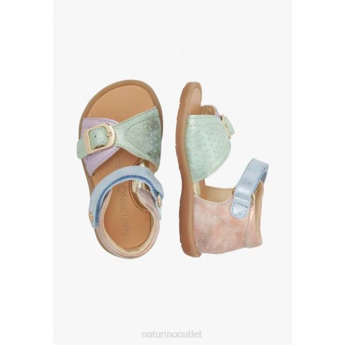 Kids Naturino Pink-Light Blue-Green JEAD Leather and Suede Sandals J6T6245