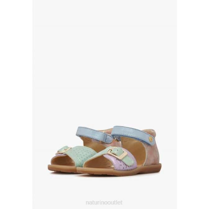 Kids Naturino Pink-Light Blue-Green JEAD Leather and Suede Sandals J6T6245