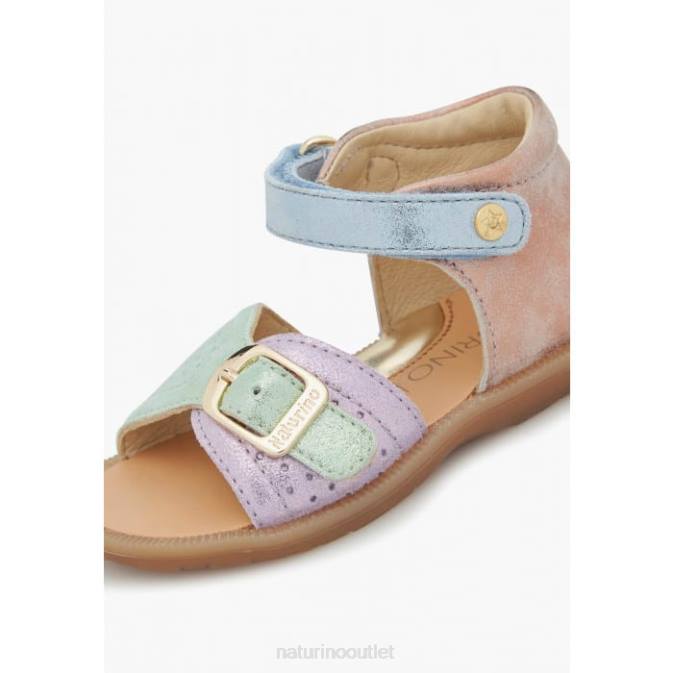 Kids Naturino Pink-Light Blue-Green JEAD Leather and Suede Sandals J6T6245