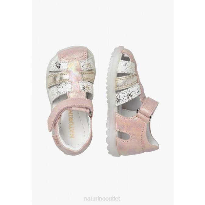 Kids Naturino Pink-Platinum SEE Metallic Leather Semi Closed Sandals J6T6249
