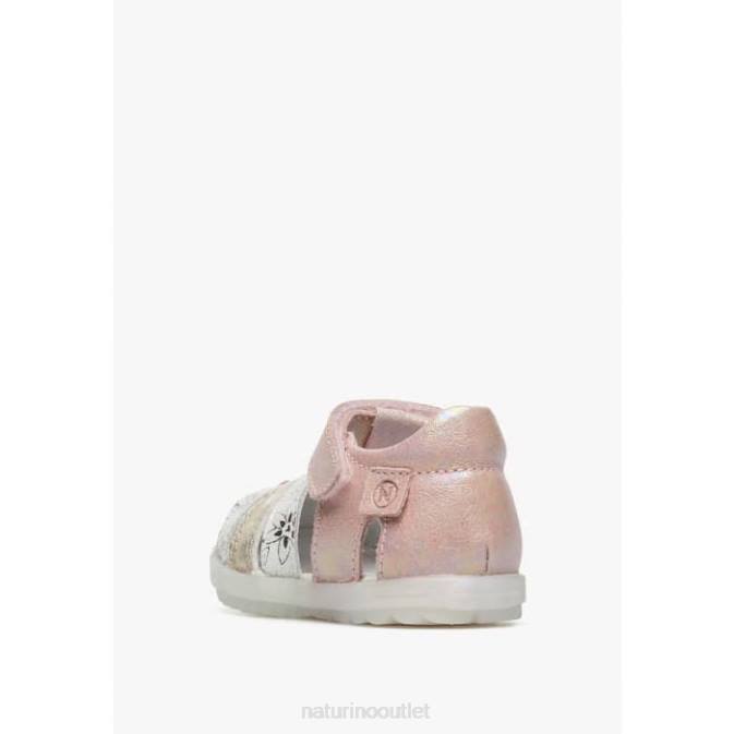 Kids Naturino Pink-Platinum SEE Metallic Leather Semi Closed Sandals J6T6249