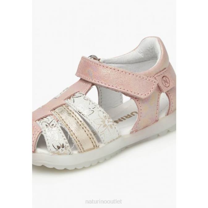 Kids Naturino Pink-Platinum SEE Metallic Leather Semi Closed Sandals J6T6249