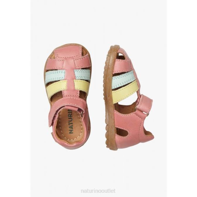 Kids Naturino Pink-Yellow SEE Semi-Closed Leather Sandals J6T6302