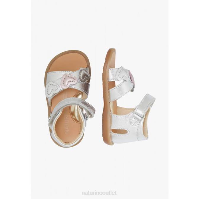 Kids Naturino Silver BEEME Metallic Leather Sandals J6T6301