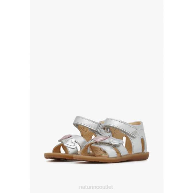 Kids Naturino Silver BEEME Metallic Leather Sandals J6T6301