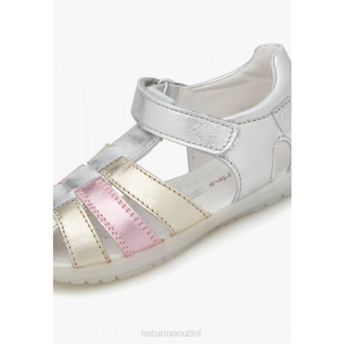 Kids Naturino Silver-Platinum SEE Metallic Leather Semi Closed Sandals J6T6329