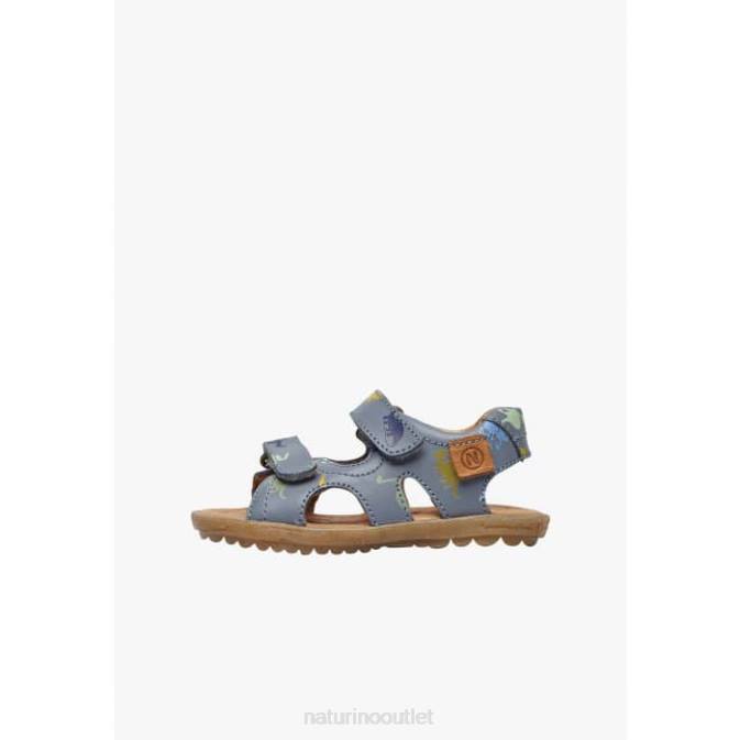 Kids Naturino Sky Blue SKY Leather Sandals with Dinosaur Print J6T6325