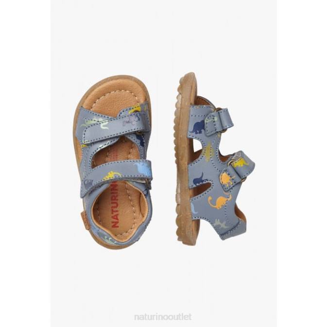 Kids Naturino Sky Blue SKY Leather Sandals with Dinosaur Print J6T6325