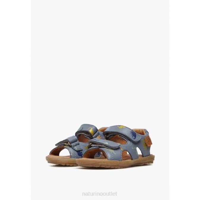 Kids Naturino Sky Blue SKY Leather Sandals with Dinosaur Print J6T6325