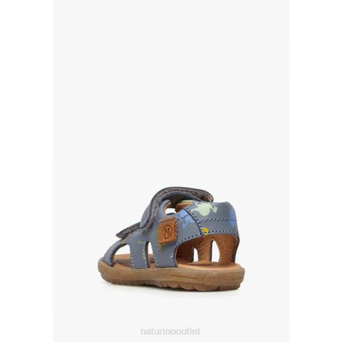 Kids Naturino Sky Blue SKY Leather Sandals with Dinosaur Print J6T6325
