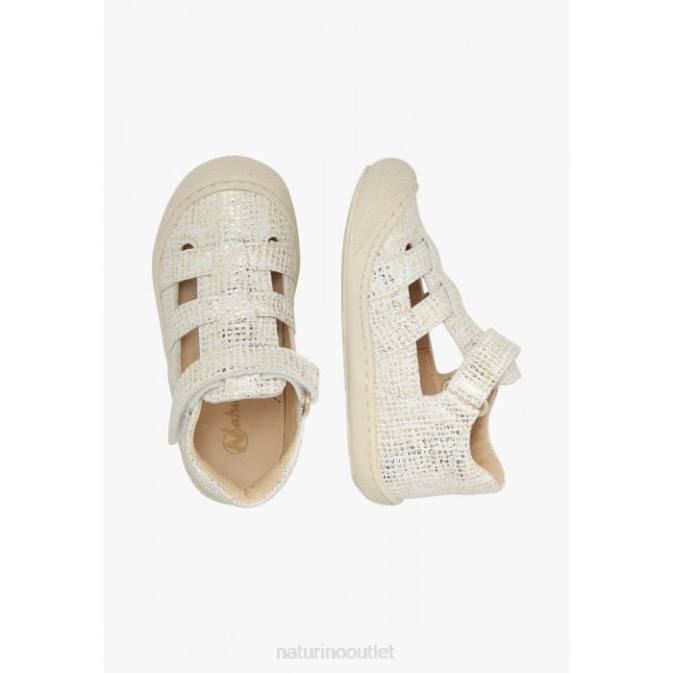 Kids Naturino White BEDE Laminated Leather Semi-Open Sandals J6T6350