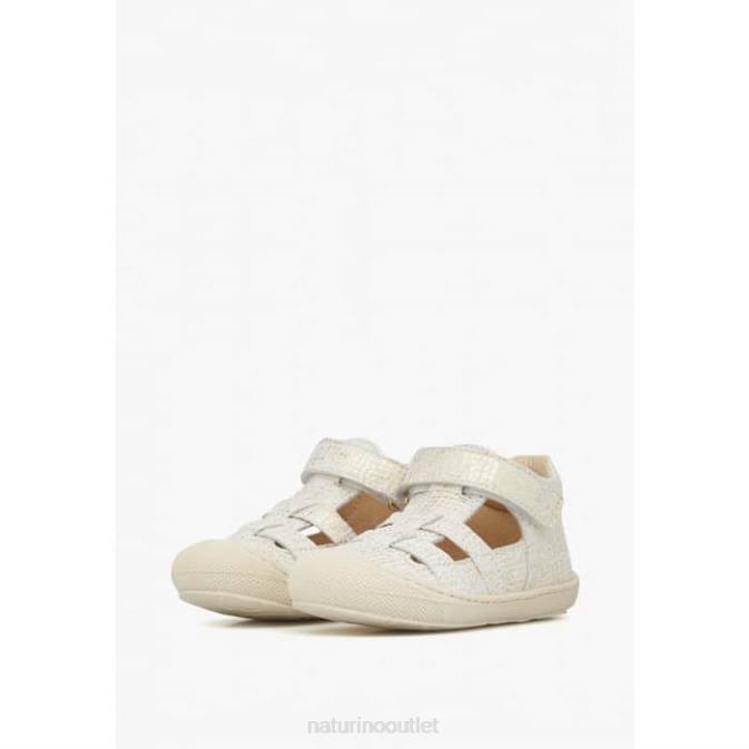 Kids Naturino White BEDE Laminated Leather Semi-Open Sandals J6T6350