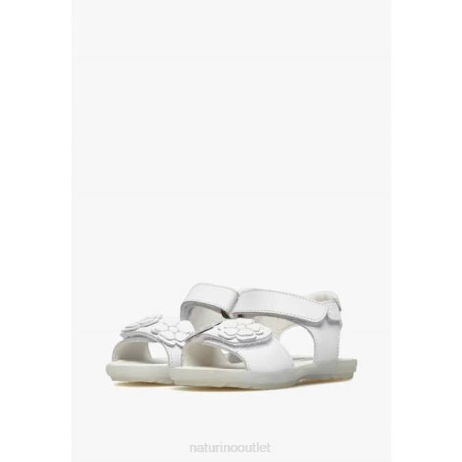 Kids Naturino White BEGONIA Leather Sandals with Applied Flowers J6T6246