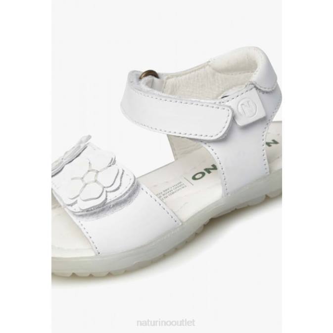 Kids Naturino White BEGONIA Leather Sandals with Applied Flowers J6T6246