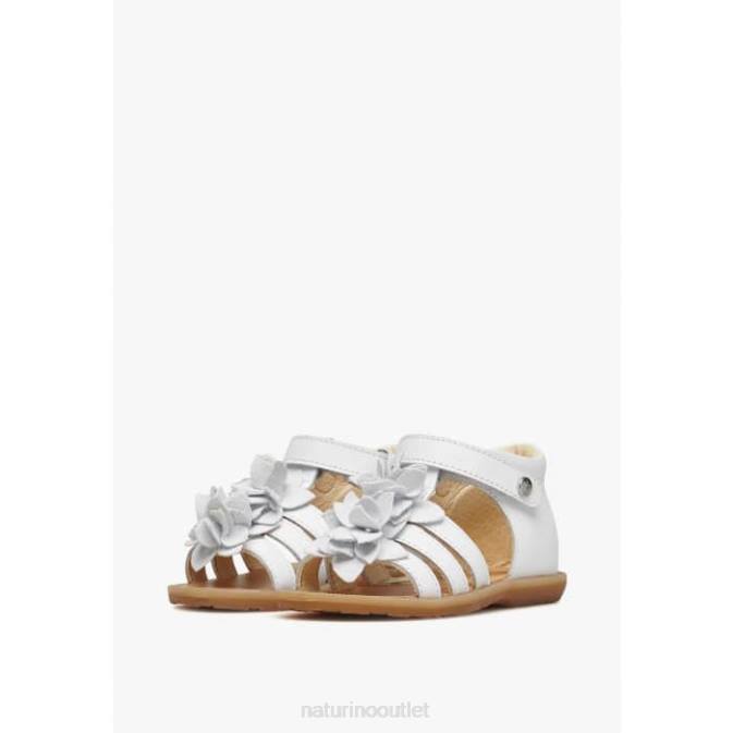 Kids Naturino White ZOEYY Leather Sandals with Applied Flowers J6T6239