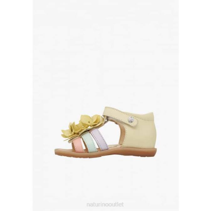 Kids Naturino Yellow ZOEYY Leather Sandals with Applied Flowers J6T6242