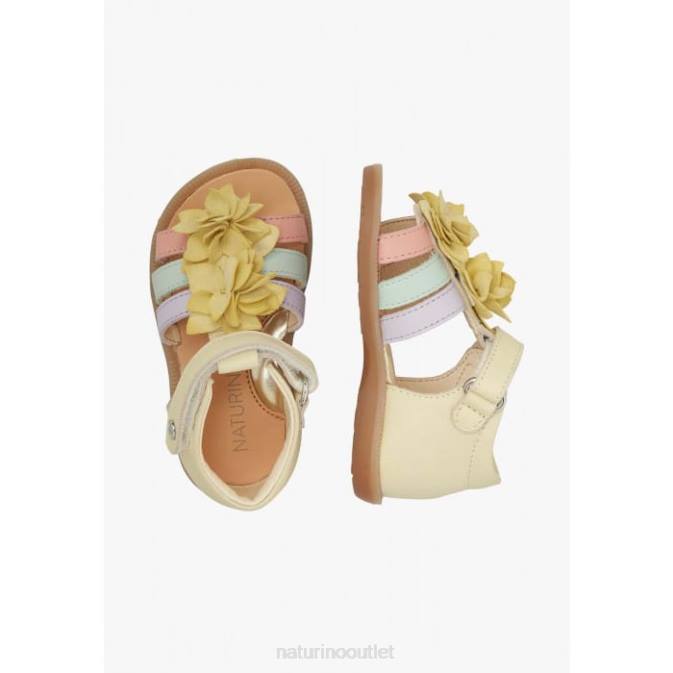 Kids Naturino Yellow ZOEYY Leather Sandals with Applied Flowers J6T6242