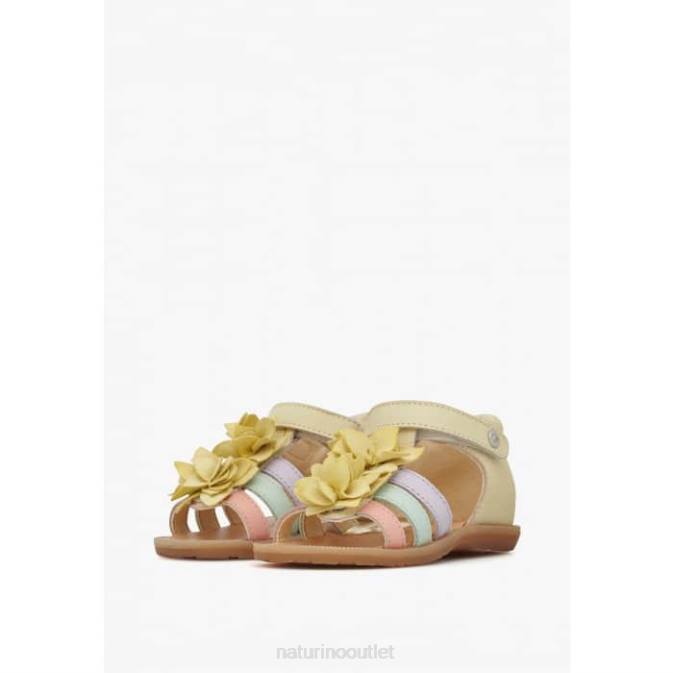 Kids Naturino Yellow ZOEYY Leather Sandals with Applied Flowers J6T6242