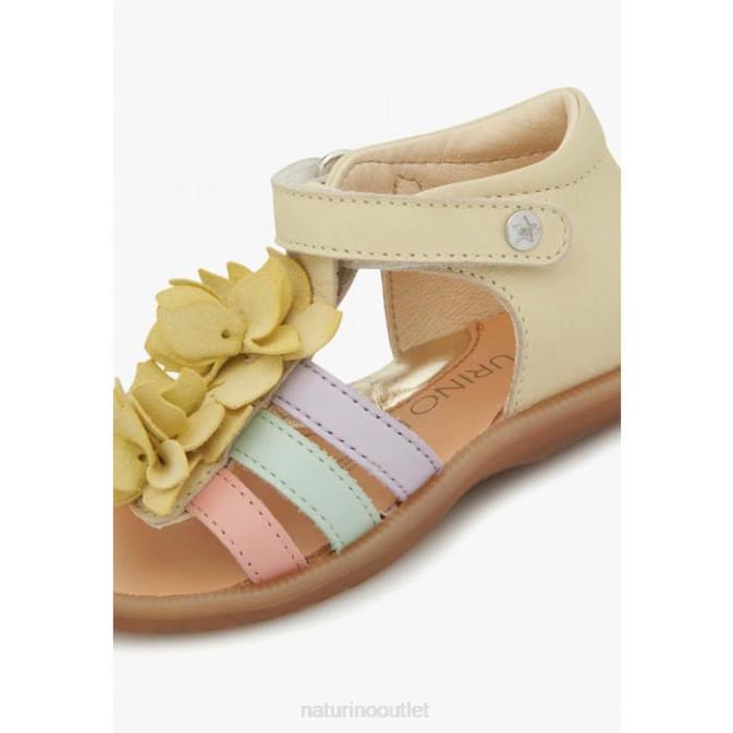 Kids Naturino Yellow ZOEYY Leather Sandals with Applied Flowers J6T6242
